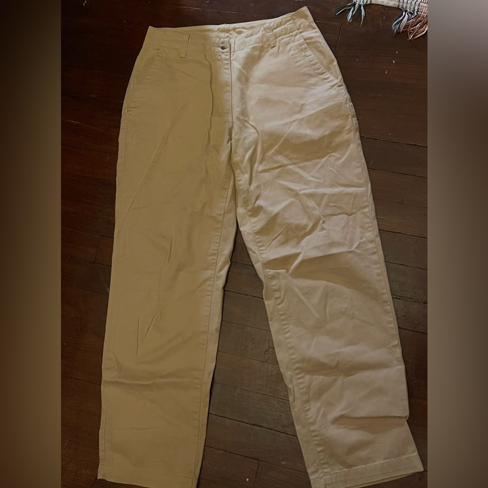khaki pants, wide legged